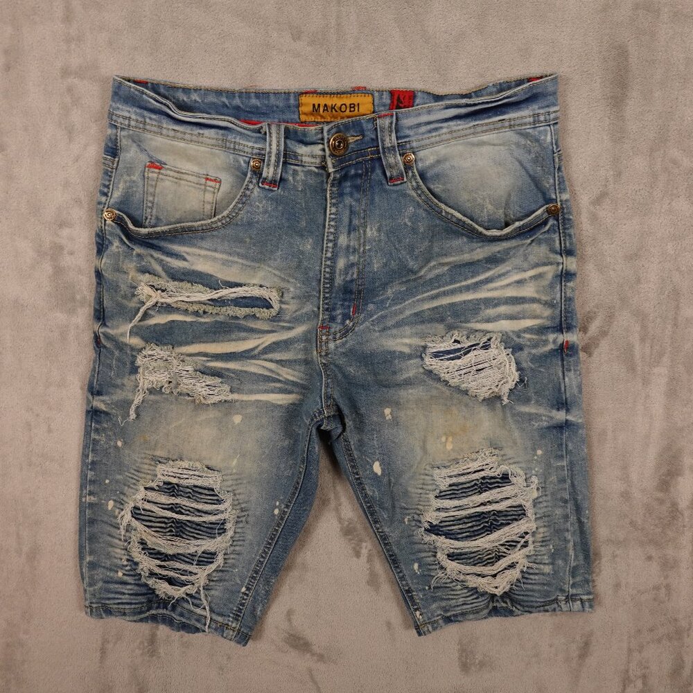 Makobi jean‎ shorts distressed men's 30 blue denim whiskering